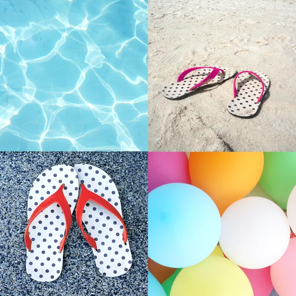 Collage of four pictures of sandal beach, colorful balloons and blue ripple water (Summer concept) — Stock Photo, Image