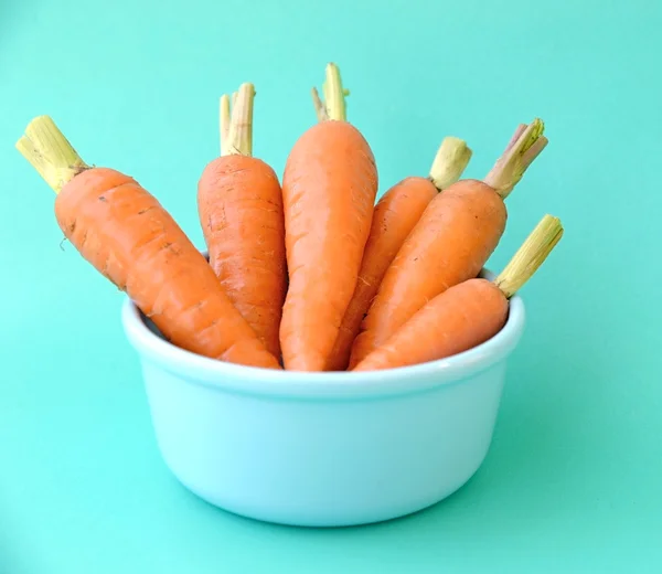 Bundle of carrots in bowl on blue background (close up) — Stock Photo, Image