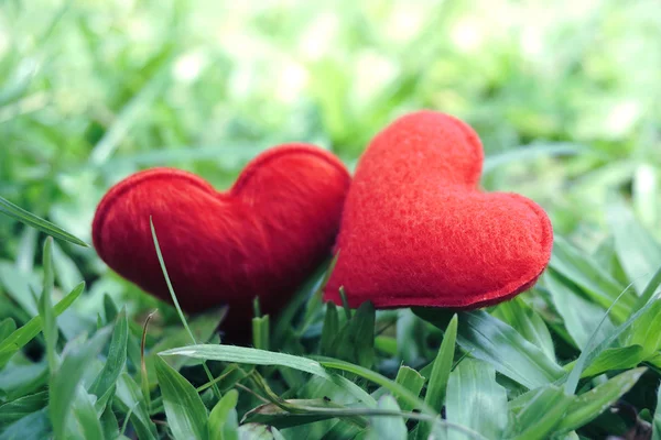 Dois pequenos corações vermelhos em um prado de grama — Fotografia de Stock