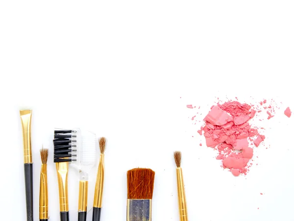 Set of make up cosmetic, brush, pink powder on white background — Stockfoto