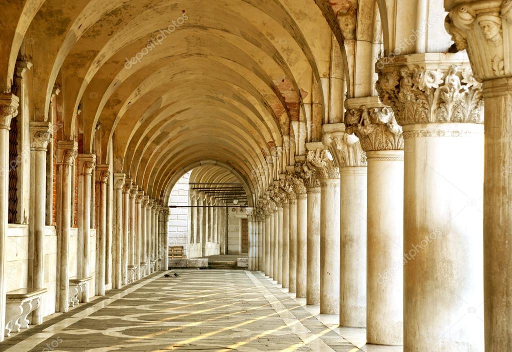 Row of arches underneath the Doge's Palace in Piazza San Marco in Venice. The famouse place in Venice.