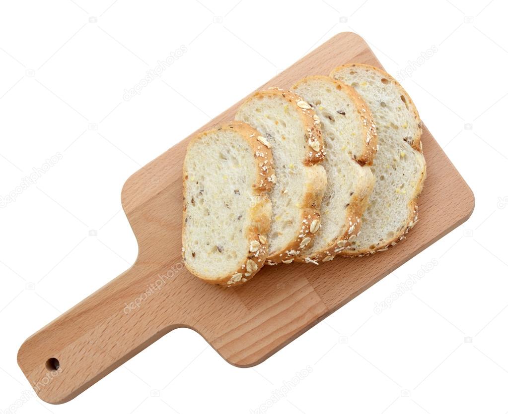 Multigrain bread on wooden tray isolated on white background, clean food, top view (clipping path)