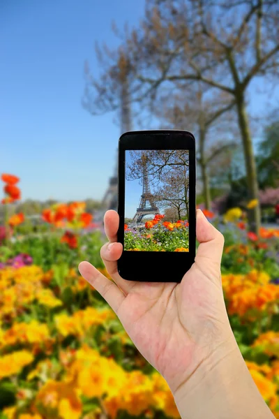 Travel concept - tourist taking photo of Eiffel tower with colorful flowers in spring — Stock Photo, Image