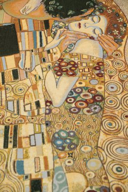 BURANO, VENICE - April 13, 2015: Gustav Klimt inspired abstract art, lace trace on fabric sale in Burano island, Italy. clipart