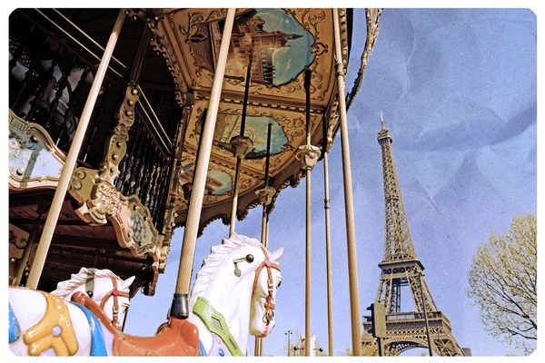 Torre Eiffel e carrossel vintage, Paris, França. Estilo retrô — Fotografia de Stock