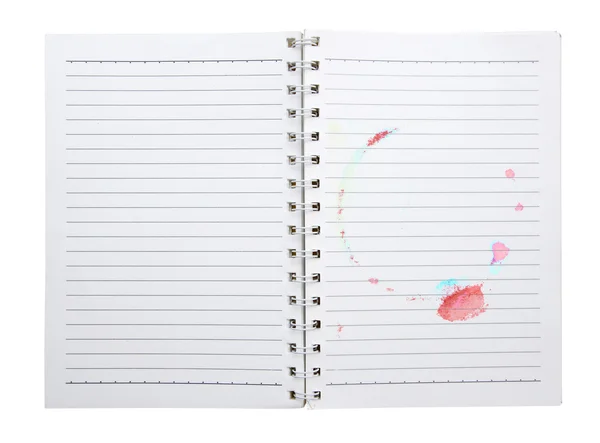 Open blank notebook with watercolor drop stain isolated (clipping path) — Stock Photo, Image