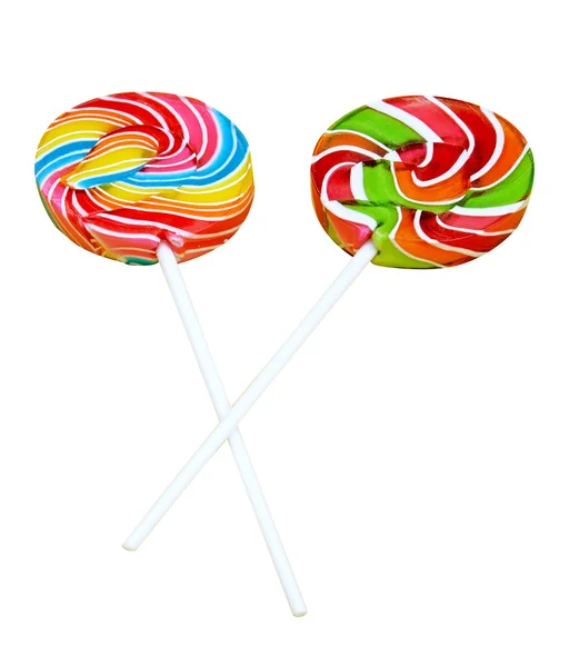 Colorful spiral lollipop candy on stick, isolated on white background. (clipping path) — Stock Photo, Image