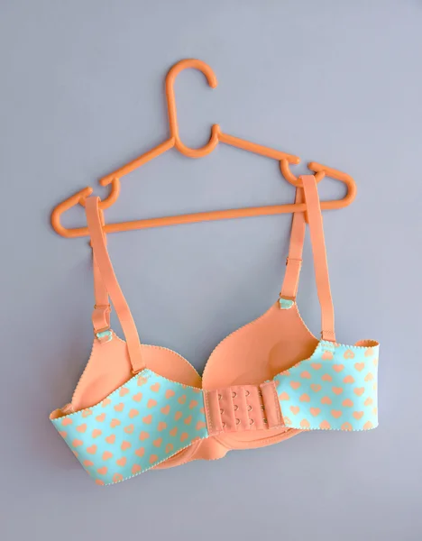 Summer concept, back side of bra on coat hanger on blue. (Pop art style) — Stock Photo, Image