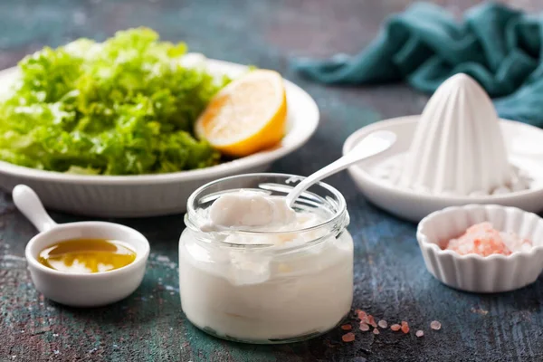 Homemade Mayonnaise Sauce Glass Jar Selective Focus — Stock Photo, Image