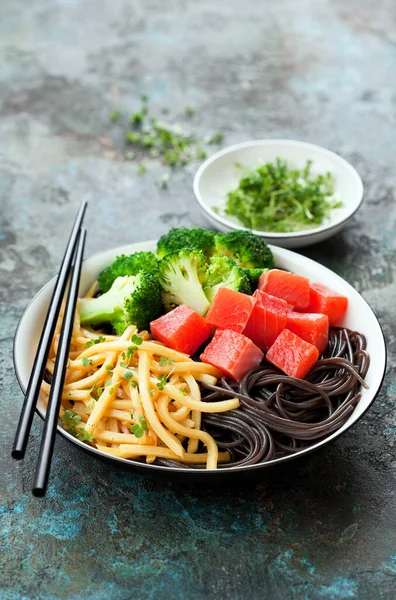 Bamboo Shoots Fern Root Noodles Broccoli Micro Greens Sockeye Salmon — Stock Photo, Image