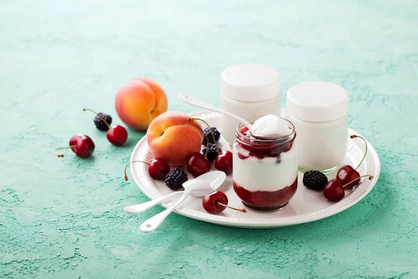 Homemade Coconut Yogurt Glass Jars Fresh Berries Fruits Selective Focus — Stock Photo, Image