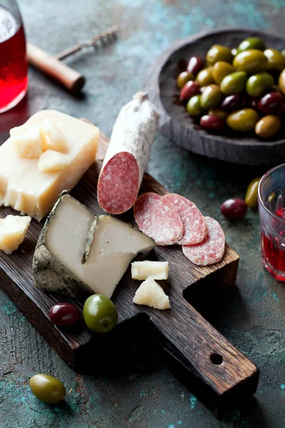 Antipasto Board Sliced Salami Goat Cheese Assorted Olives Red Wine Stock Image
