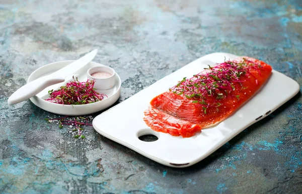 Gravlax Homemade Salted Sockeye Salmon Fillet Beetroot Sprouts Selective Focus Stock Photo