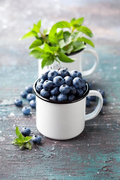 Fresh Blueberries Metal Enamel Mug Selective Focus Royalty Free Stock Photos