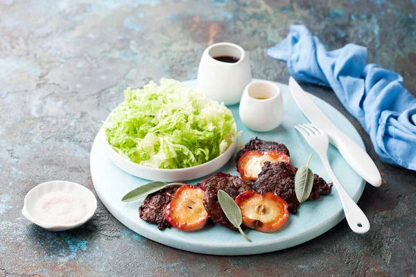 Grilled Lamb Heart Fried Apples Fresh Salad Selective Focus Stock Photo