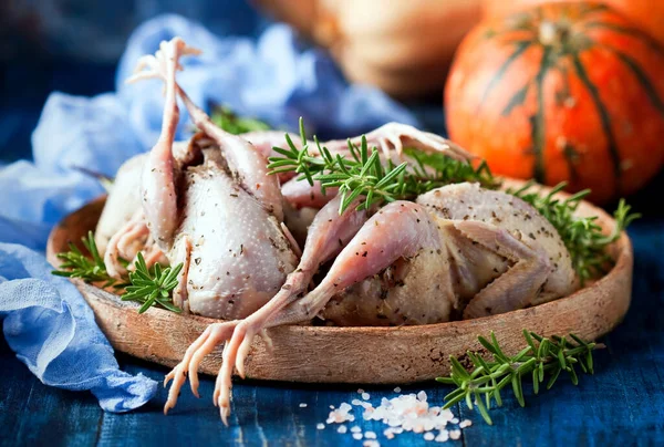 Fresh Raw Organic Meat Quails Rosemary Plate Selective Focus Stock Picture