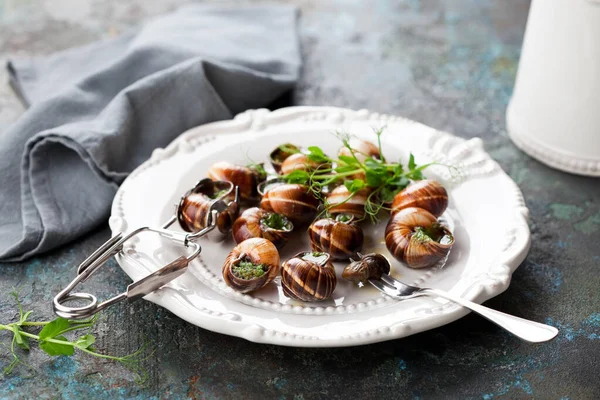 Βουργουνδία Σαλιγκάρια Escargot Σκόρδο Βότανα Βούτυρο Ένα Λευκό Πιάτο Επιλεκτική — Φωτογραφία Αρχείου
