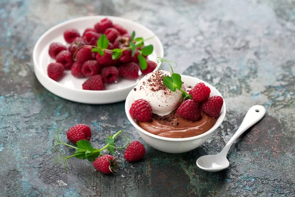 Chocolate Mousse Dessert Vanilla Ice Cream Fresh Raspberries Selective Focus — Stock Photo, Image