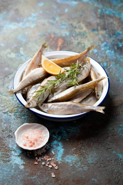 Raw Fresh Smelt Fish Enamel Bowl Selective Focus — Stock Photo, Image