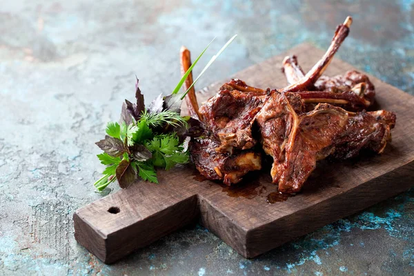 Grilled Lamb Meat Wooden Board Selective Focus — Stock Photo, Image