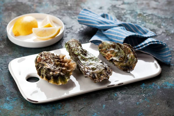 Three Closed Fresh Raw Oysters White Ceramic Serving Board Selective — Stock Photo, Image