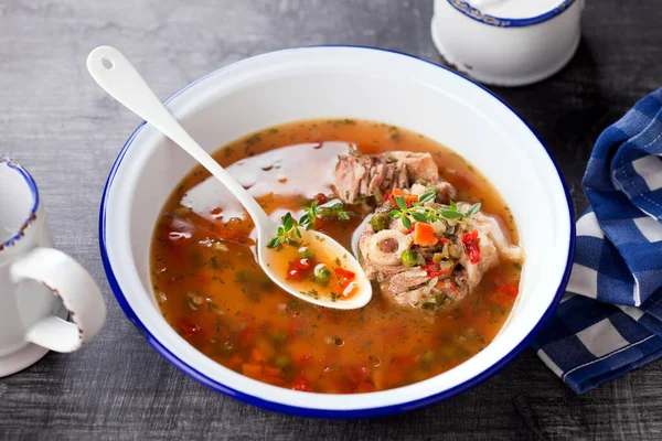 Homemade Organic Bone Broth Soup Meat Vegetables White Bowl Selective — Stock Photo, Image