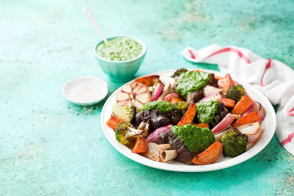 Grilled Lamb Legs Meat Bone Pesto Chimichurri Sauce Baked Vegetables Stock Picture