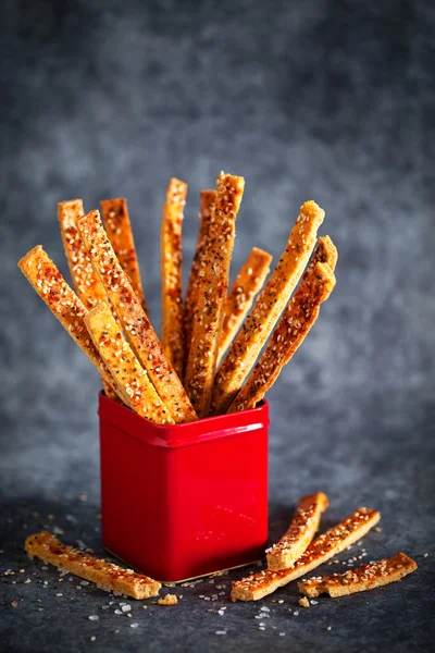 Breadsticks in metal container — Stock Photo, Image