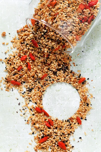 Granola chia tohumu, keten tohumu, susam — Stok fotoğraf