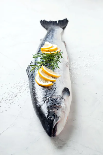 Fresh whole salmon with lemon — Stock Photo, Image