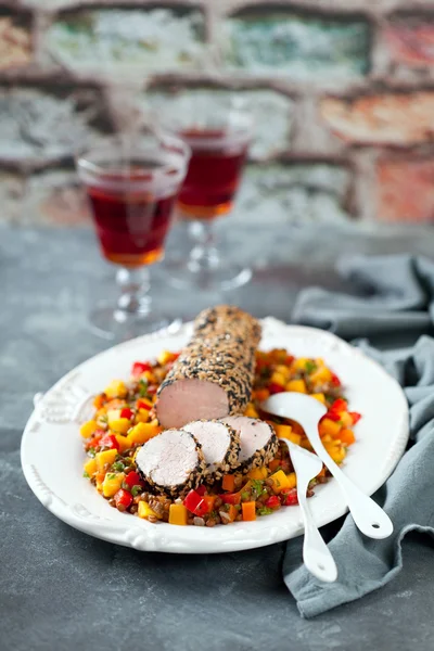 Roasted pork tenderloin in sesame — Stock Photo, Image