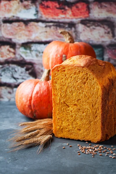 Pumpkin bread, loaf and pumpkins — Stock Photo, Image