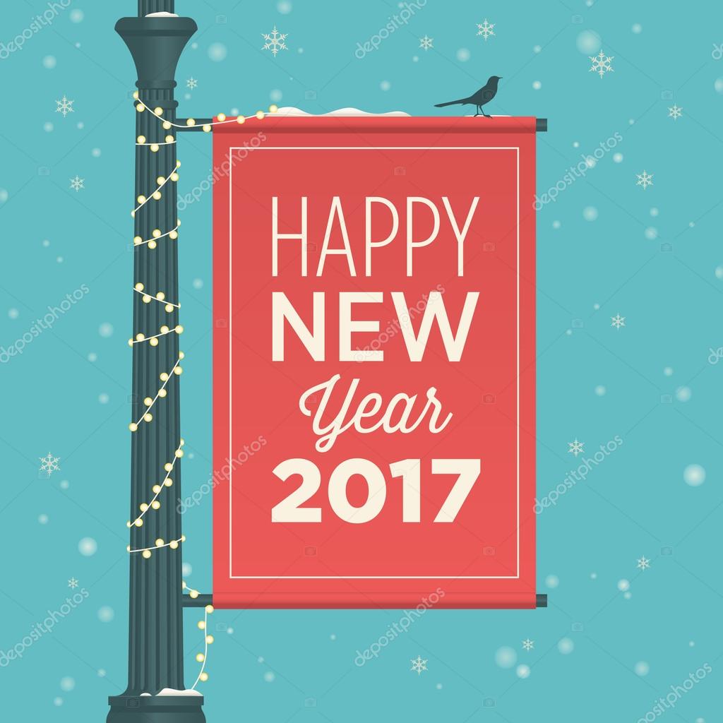Happy new year 2017 card, street sign, editable vector design.