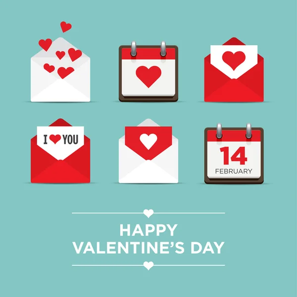 San Valentino set di icone, lettera, busta, calendario, cuori — Vettoriale Stock