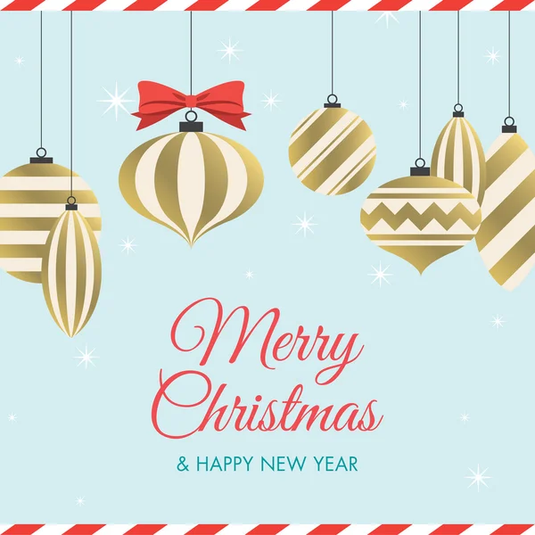 Weihnachtskarte mit Weihnachtskugeln, roter Schleife, Sternen und Logo-Titel — Stockvektor
