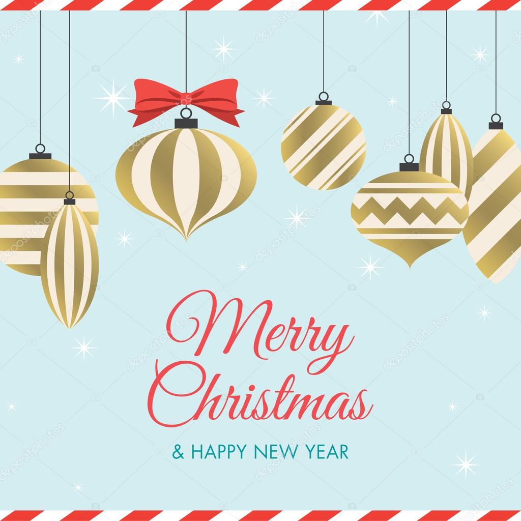 Christmas card with christmas balls, red ribbon, stars, and logo title. Editable vector design.