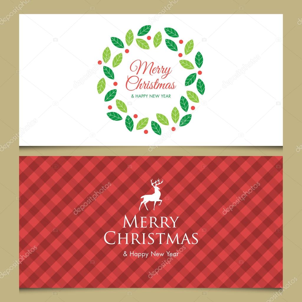 Christmas card with deer, logo title, gingham pattern background and christmas wreath. Editable vector design.