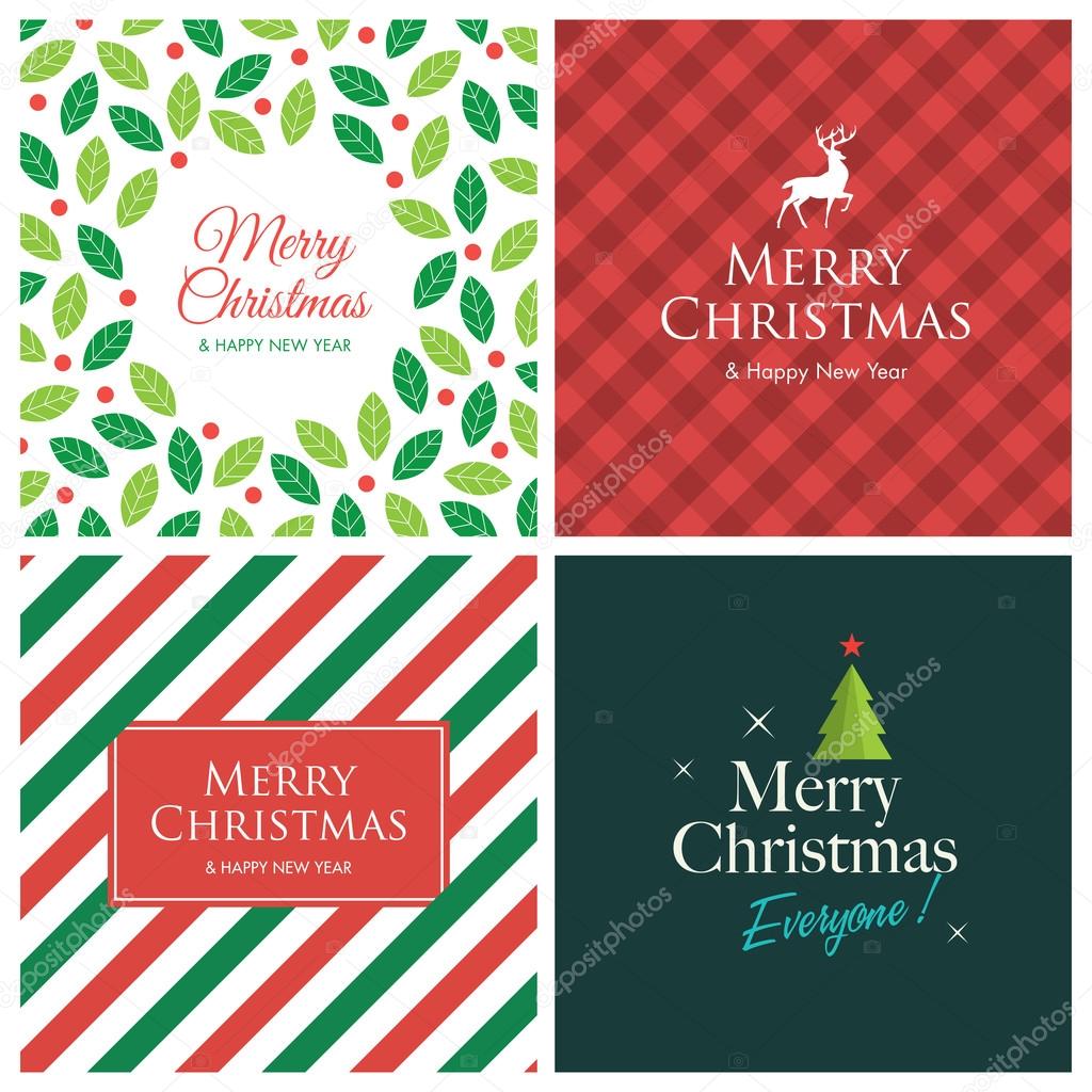 Christmas cards with christmas tree, stars, deer, logo title, gingham pattern background . Editable vector design.