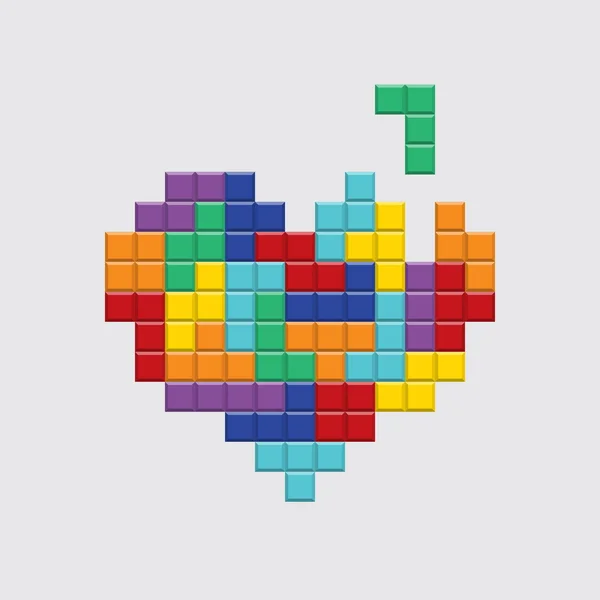 Valentin-nap kártya, video játék pixel színes szív. — Stock Vector