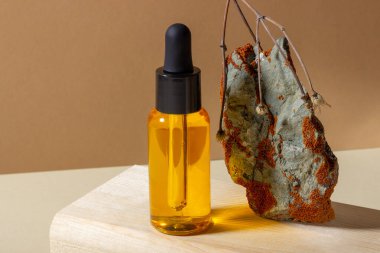 Üzerinde damlalık olan cam bir kozmetik şişesi, parlak güneş ışığında, ahşap bir kürsüde kurutulmuş bir çiçeğin yanında duruyor. Doğal kozmetik kavramı, doğal temel petrol..