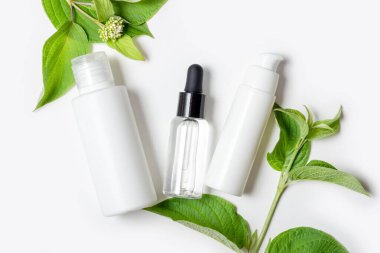 Yüzü nemlendirmek ve temizlemek için makyaj malzemeleri. Beyaz tüpler ve doğal bitkilerin yapraklarından oluşan yüz kremi ve serum. Yüz ve vücut bakımı için biyokozmetik ürünleri