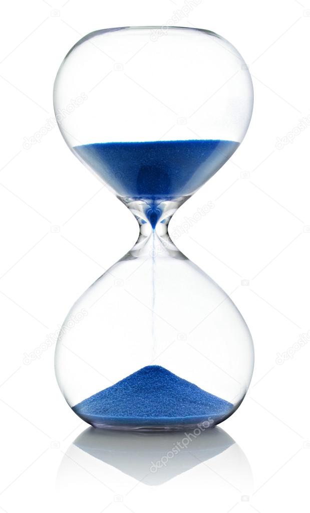 Hourglass with running blue sand over white