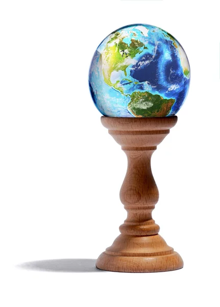 Vědma skleněné koule na dřevěný podstavec — Stock fotografie