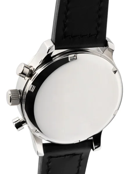 Silver metal wristwatch with black strap — Stock Photo, Image