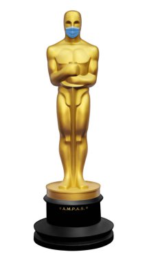 Mavi bir maske takan altın Oscar heykeli Covid-19 ya da beyaz renkli vektör çizimine izole edilmiş koronavirüs salgınını simgeliyor.