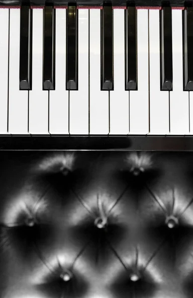 在钢琴键盘上俯瞰全景 在音乐或娱乐概念中以垂直格式装饰皮革凳子 — 图库照片