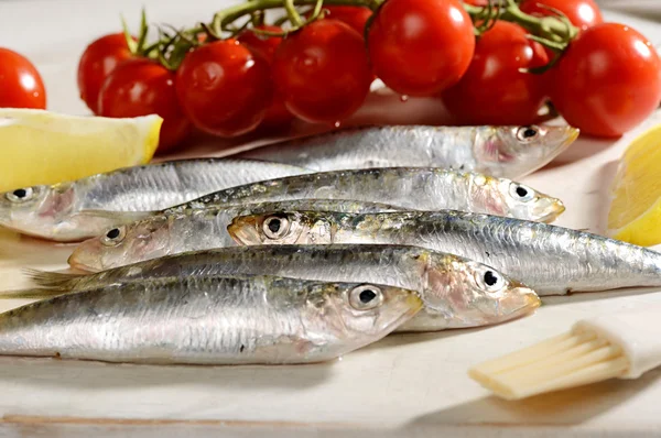 Pesce azzurro crudo con pomodoro e limone — Foto Stock