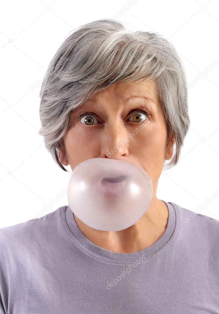 Adult Woman Blowing Chewing Gum