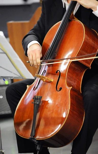 Primer plano de un violonchelista tocando un violonchelo — Foto de Stock