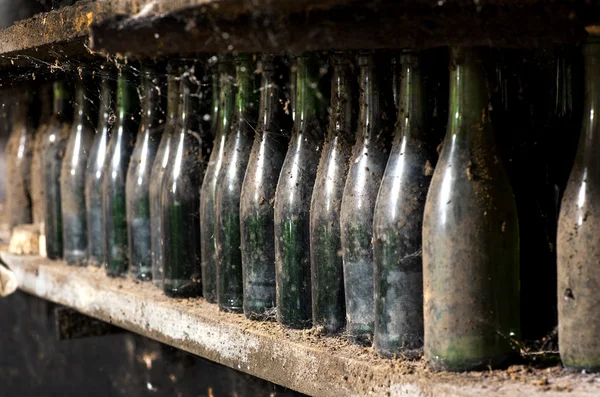 Viejas botellas de vino polvorientas en un estante de bodega — Foto de Stock